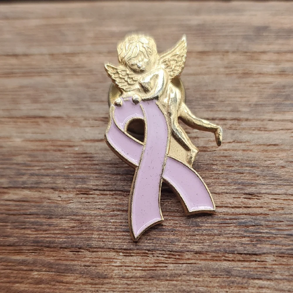 Gold Tone and Pink Angel Ribbon‎ Pin B454